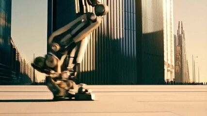 Aufkleber - A solitary robot walks along a smooth pathway in a sleek, futuristic city. Towering buildings stand in the background, casting long shadows under the warm glow of the setting sun.