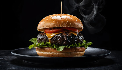 Delicious Juicy Burger with Lettuce, Tomato, Cheese, and Smoke