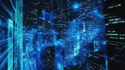Poster - Smart city network, digital cityscape at night, futuristic technology, data connections, website banner