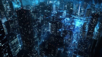 Poster - Night city digital network aerial view