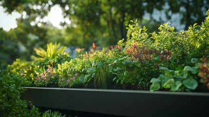 Poster - Lush green roof garden nature scene with vibrant foliage for eco friendly design inspirations