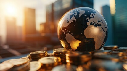 Poster - Globe resting on a pile of coins with a notebook and pen in a business setting