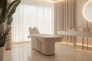 Sticker - Modern spa treatment room with natural light and elegant decor for relaxation and rejuvenation. Generative AI