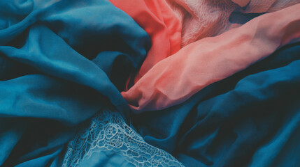 Poster - Elegant fabric background with blue and pink hues featuring lace trim texture