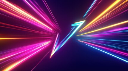 Poster - Abstract vibrant arrow design. Multicolored neon streaks radiate from a central, glowing point, suggesting motion and speed. The arrow points towards the right.