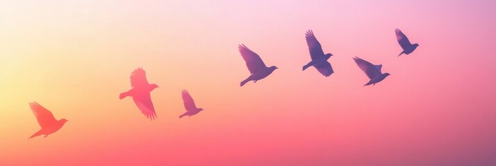 Fototapete - Flock of birds soaring across a colorful twilight sky during a peaceful evening. Generative AI