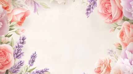 Wall Mural - A beautiful mix of roses, peonies, and lavender in soft pink and cream tones. The elegant composition radiates grace and beauty against a light cream background, enhancing tranquility