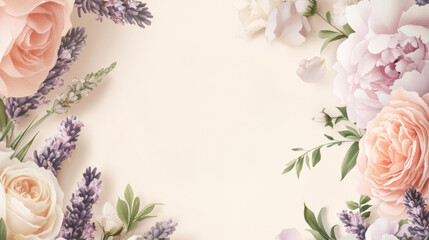 Wall Mural - A beautiful mix of roses, peonies, and lavender in soft pink and cream tones. The elegant composition radiates grace and beauty against a light cream background, enhancing tranquility