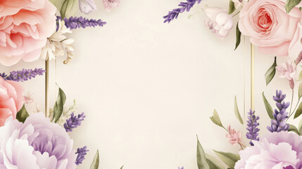 Wall Mural - A beautiful mix of roses, peonies, and lavender in soft pink and cream tones. The elegant composition radiates grace and beauty against a light cream background, enhancing tranquility