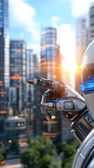 Poster - A humanoid robot with blue eyes gestures towards the camera against a high-tech city skyline and modern office architecture