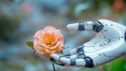 Poster - A robotic hand delicately holds a pink flower amidst a vibrant garden. This moment captures the intersection of technology and human emotions, highlighting love and connection with nature.
