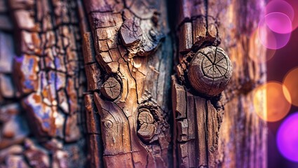 Poster - Close-up view of intricately weathered wood featuring knots and textures, illuminated by colorful bokeh lights
