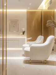 Poster - Elegant modern interior design with white chairs and subtle lighting in a calming space. Generative AI