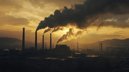 Poster - Dark industrial skyline at sunset with smoke emitting from chimneys and power lines in the background. Generative AI