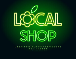 Wall Mural - Vector Retail banner Local Shop with decorative Flower. Green Neon Font. Illuminated Alphabet Letters and Numbers set