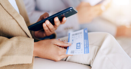 Aufkleber - Hands, phone and ticket for travel, airport and schedule information, online registration or check flight time. Person typing on mobile with document for holiday, vacation or booking transport