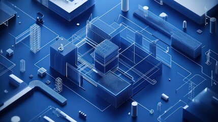 Poster - Abstract blue 3D geometric shapes, digital city background, tech concept
