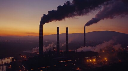 Poster - Smoke billowing from industrial chimneys at sunset over a manufacturing facility near mountains and water. Generative AI
