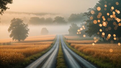 Wall Mural - golden morning light illuminates a tranquil country road surrounded by fog and fields