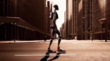 Poster - A sleek, metallic robot wanders through a deserted city street during twilight.