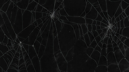 Poster - Delicate spider web with dew drops on dark background for nature and design