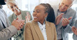 © peopleimages.com - Happy business woman, team and applause in support, promotion or bonus together at office. Excited African female person smile with group clapping for winning, achievement or good news at workplace