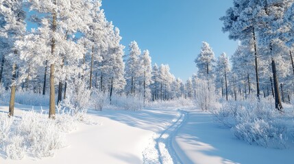 Wall Mural - A snowy forest with a path through it. The trees are bare and covered in snow. The sky is clear and blue