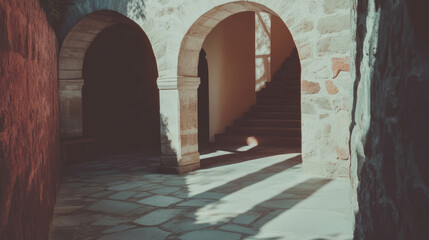 Poster - Rustic stone archway and staircase with natural light accents