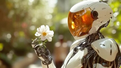 Poster - A cyborg stands in a vibrant garden, gently holding a delicate flower. Its design blends advanced technology with human-like features, symbolizing the connection between love and humanity.