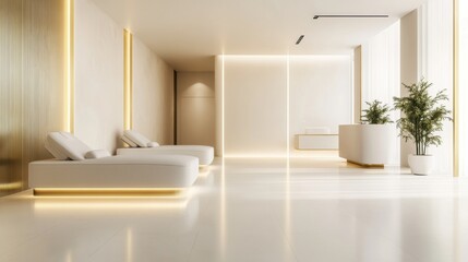 Poster - Modern spa interior design featuring minimalist elements and calming ambiance with soft lighting and lounge areas. Generative AI