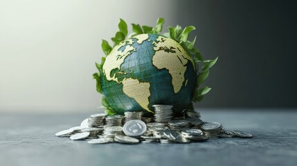 Poster - Globe with coins and green leaves symbolizing finance and sustainability concept in a photo composition