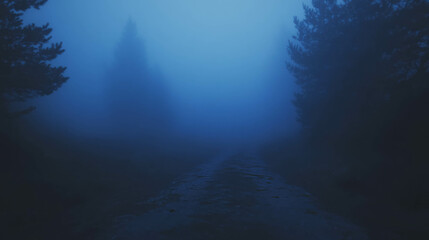 Poster - Mysterious forest pathway with swirling fog and soft eerie light atmosphere