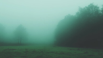 Poster - Mysterious foggy forest with soft light and eerie ambiance for atmospheric design