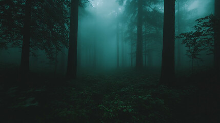 Poster - Mysterious forest with swirling fog and soft eerie light