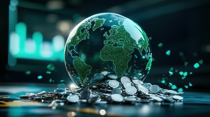 Poster - Glass globe surrounded by scattered coins on a wooden surface in a well-lit environment