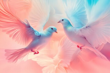 Aufkleber - Two white doves flying together in a pastel colored sky at dawn. Generative AI