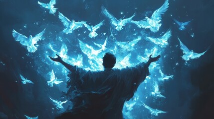 Wall Mural - Magician making their cape transform into a flock of glowing birds 