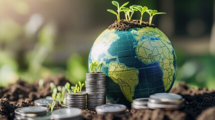 Poster - Globe with coins and a green plant growing out of it symbolizing eco-friendly investment and sustainability