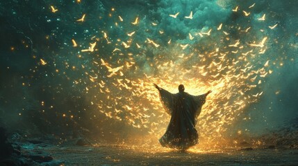 Wall Mural - Magician making their cape transform into a flock of glowing birds 