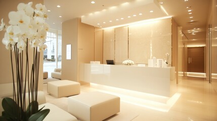 Poster - Modern reception area with elegant decor and warm lighting in a contemporary building. Generative AI