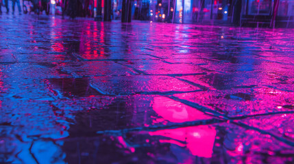 Poster - Vibrant wet cobblestone street with neon reflections for urban design and backgrounds