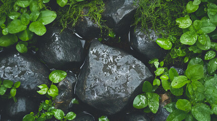 Poster - Natural stone texture with dark moss and green foliage background