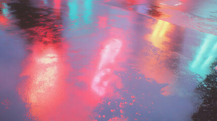 Poster - Vibrant neon reflections on rain-soaked urban street at night
