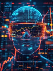 Poster - Abstract hologram of digital head with VR glasses and glowing forex chart and map hologram on dark background. Economy, metaverse and stock concept. 3D Rendering