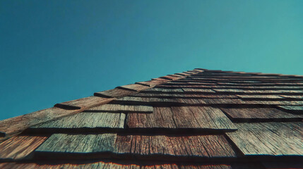 Poster - Rustic wooden shingle roof against clear blue sky