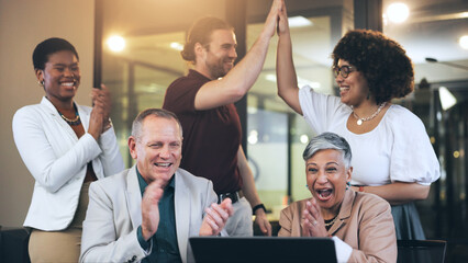 Aufkleber - Success, applause and high five, business people with laptop in office with happy teamwork achievement. Congratulations, cheers and support for winner, smile and group of employees celebrate at desk.