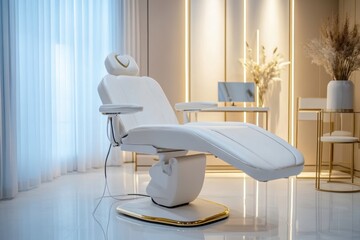 Poster - Modern treatment chair in serene spa setting with elegant interior design and soft lighting. Generative AI