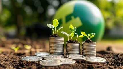 Poster - Stack of coins with a green globe in the background on a wooden surface