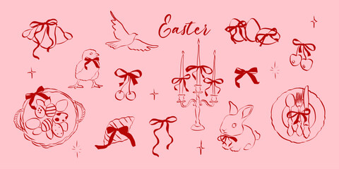 Poster - hand drawn coquette easter set. vintage cute symbols with ribbon and bow in simple crayon and sketch