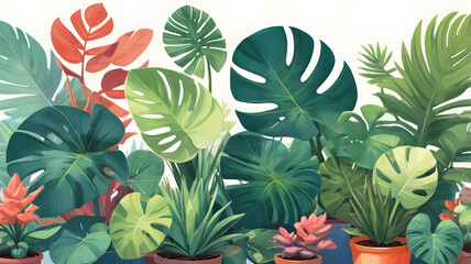 Poster - a vibrant collection of potted plants with lush green leaves in an artistic illustration